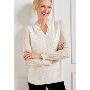 Talbots Sheer Long Sleeve Top Blouse Cheerful Dots Womens Large Petite New White